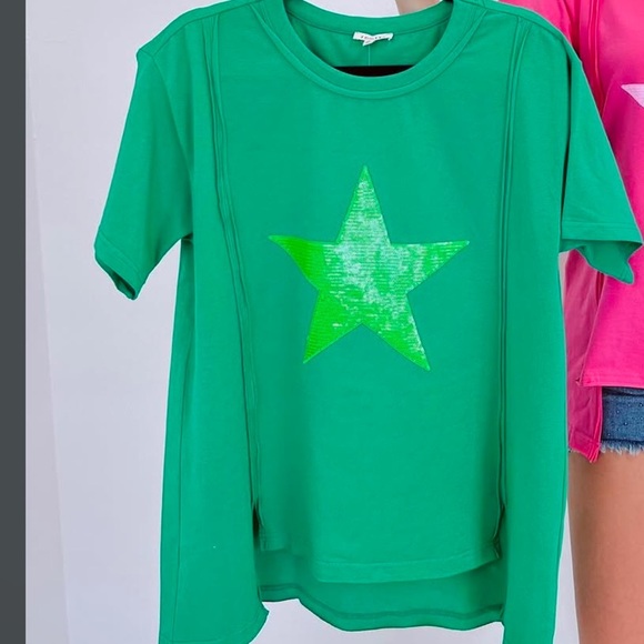 GREEN GLITTER STAR OVERSIZED SHORT SLEEVE SHIRT!! Quality!!!! L! New! - Picture 1 of 3